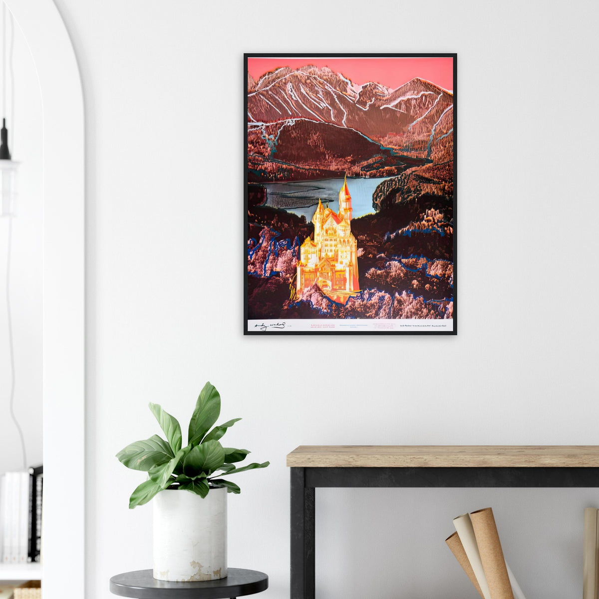 Andy Warhol framed print depicting the alpine castle stands against mountain slopes, a lake and a dramatic sky; Warhol’s image of Neuschwanstein Castle translates a heavily photographed Bavarian landmark into Pop Art