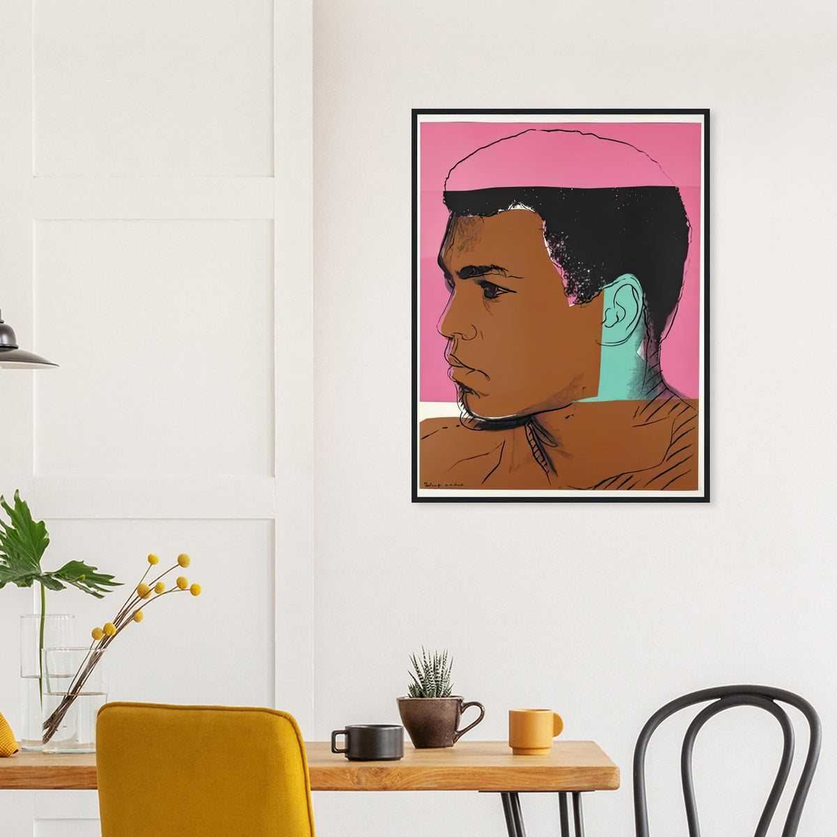 Andy Warhol framed print depicting ali appears in profile against coral-pink colour; Warhol draws the hairline back into a partly obscured photographic silhouette; The Muhammad Ali portfolio was developed from Warhol’s photographs of the celebrated boxer after sports