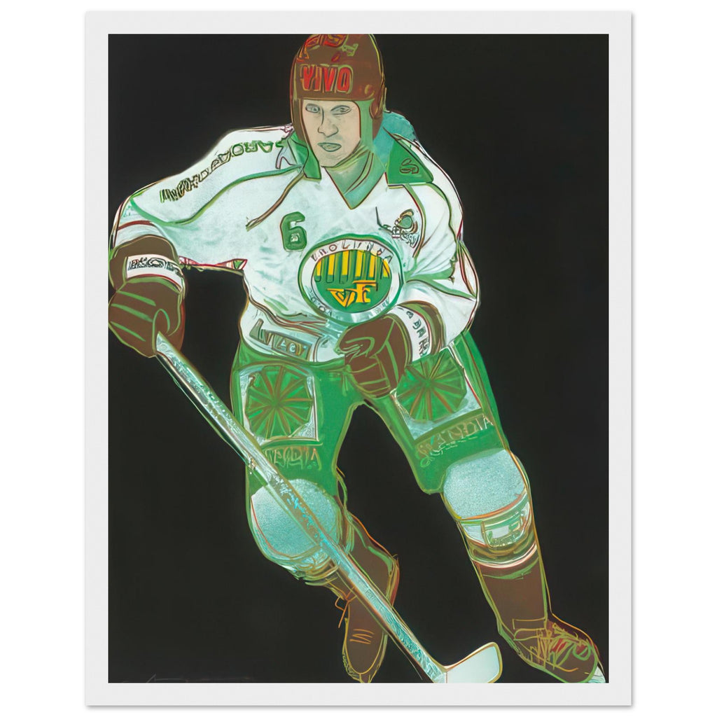 Andy Warhol framed print depicting the sporting subject creates a sense of motion and energy, while its strong silhouette can be read as a graphic portrait rather than a conventional action photograph, white frame, 27x35 cm / 11x14″