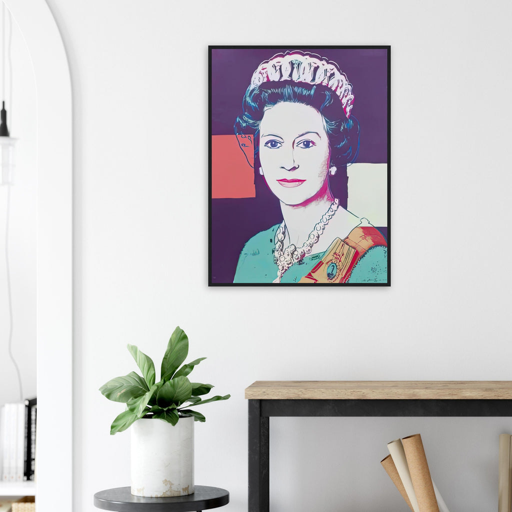 Andy Warhol framed print depicting a pale frontal face and detailed royal jewellery are set against blue, pink and red geometric fields; The Reigning Queens portfolio presented four women who held ruling power in their own right: Elizabeth