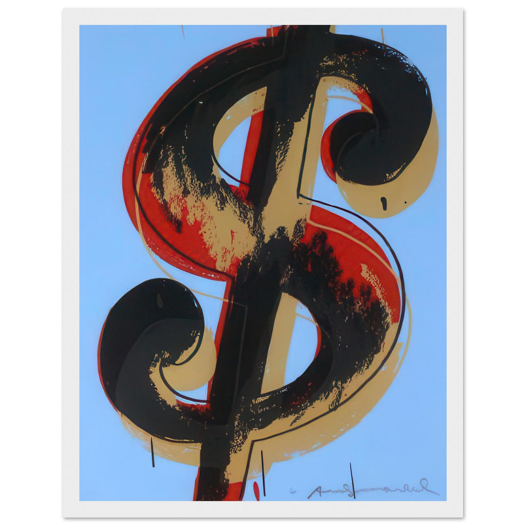 Andy Warhol framed print depicting the repeated or isolated currency mark operates like a logo: simple, recognizable and assertive, white frame, 27x35 cm / 11x14″