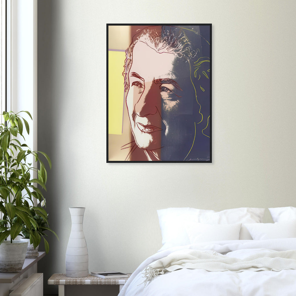 Andy Warhol framed print depicting the sitter’s recognizable face directs attention toward public image, personality and the graphic simplification of photographic portraiture