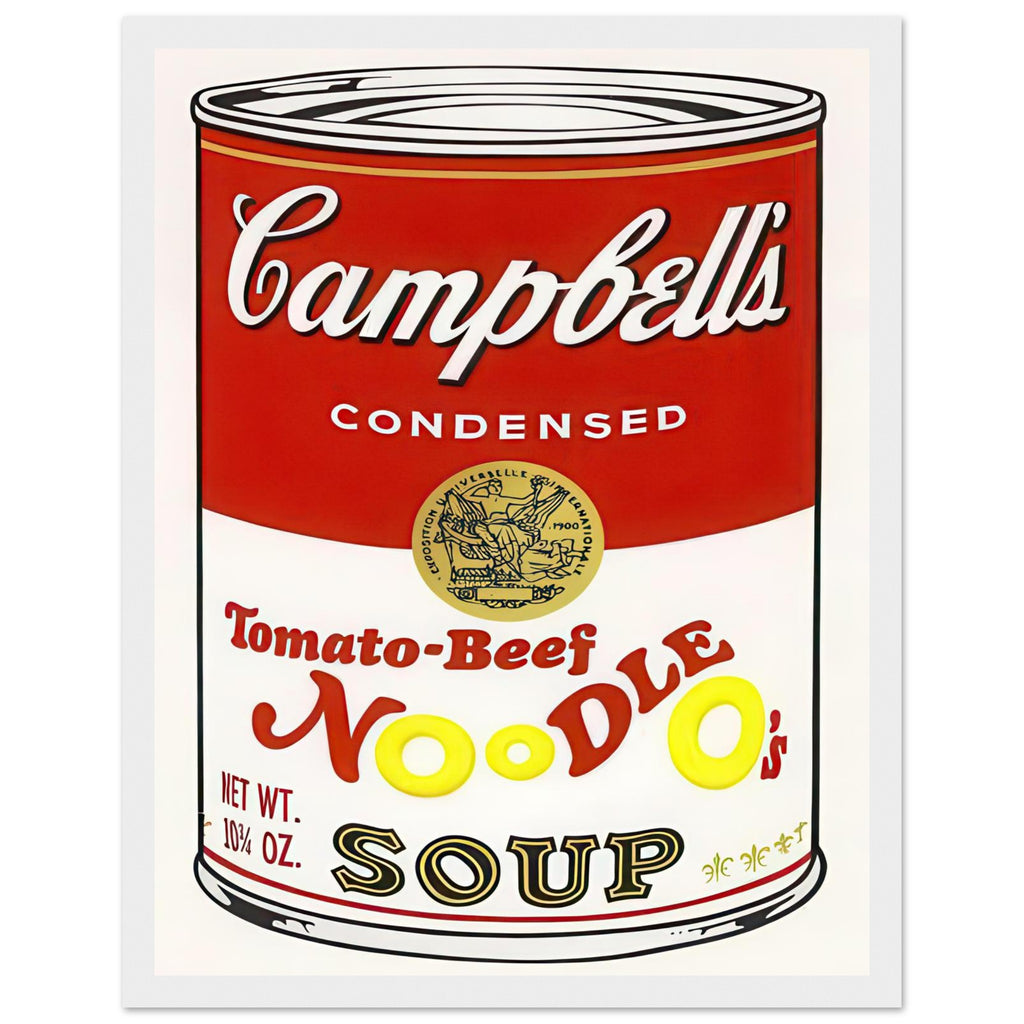 Andy Warhol framed print depicting the instantly legible soup-can silhouette, packaging lettering and product name create a highly recognizable commercial composition, white frame, 27x35 cm / 11x14″