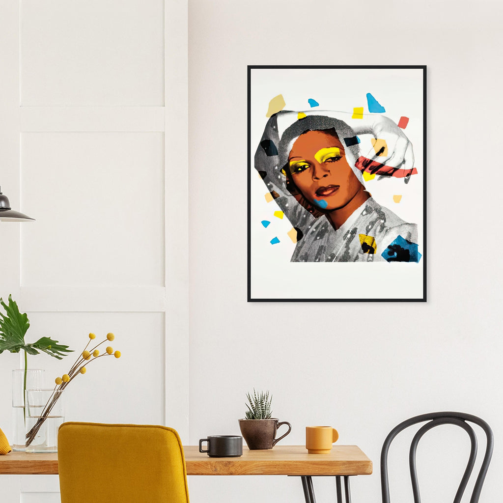 Andy Warhol framed print depicting areas of saturated colour and loose, sometimes deliberately displaced contours interact with the sitter’s photographic likeness; The Ladies and Gentlemen project portrays transgender women and drag performers from New York, including
