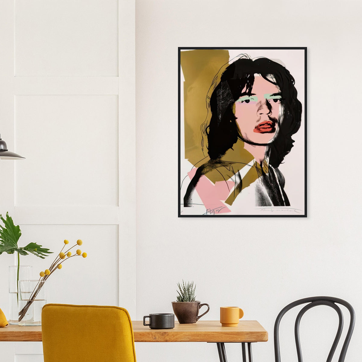 Andy Warhol framed print depicting photographic tones are interrupted by hand-drawn contours, selective colour blocks and cropped facial and bodily details; Warhol’s ten Mick Jagger portraits followed a long friendship with the Rolling Stones singer, including