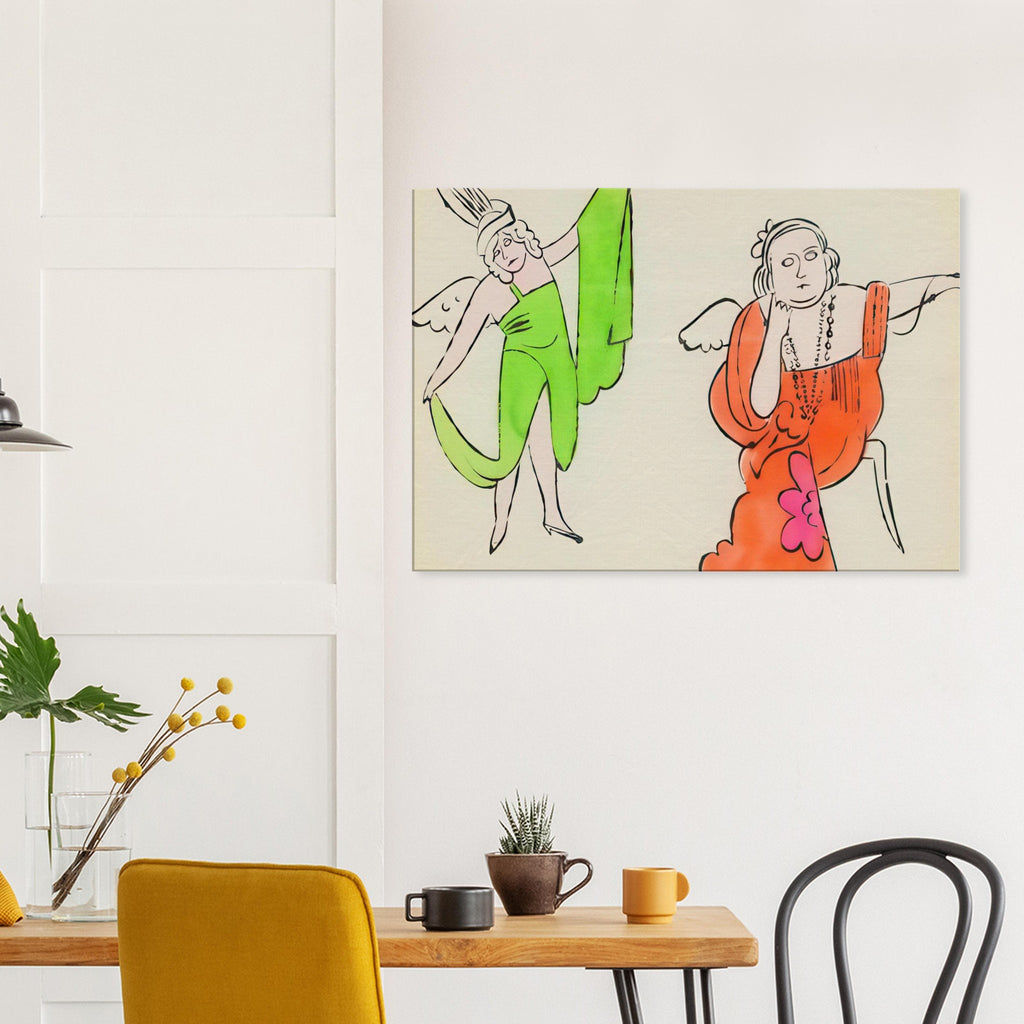 Andy Warhol canvas print depicting fantastical, decorative figures and storybook-like imagery, a detail that connects the composition to its broader artistic subject