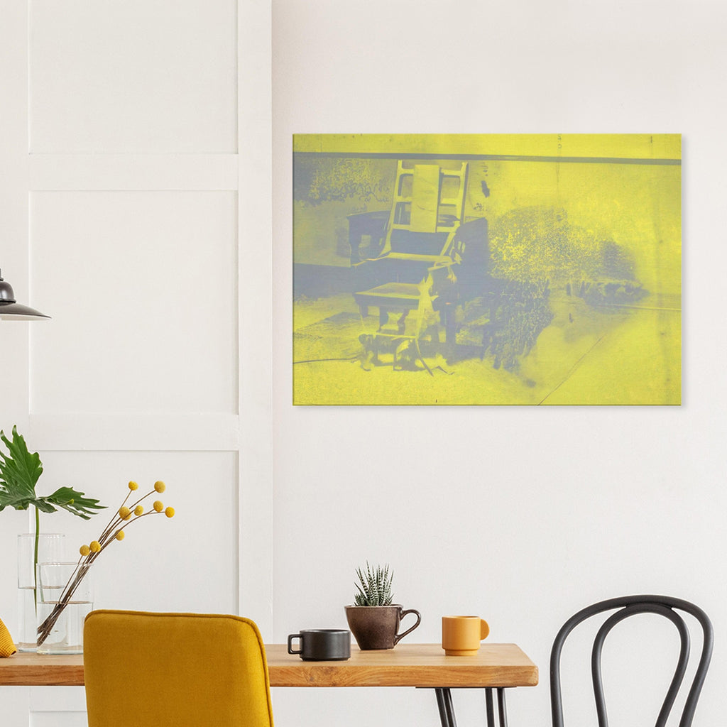 Andy Warhol canvas print depicting the stark chair, its surroundings and the tense emptiness of the room, a detail that connects the composition to its broader artistic subject