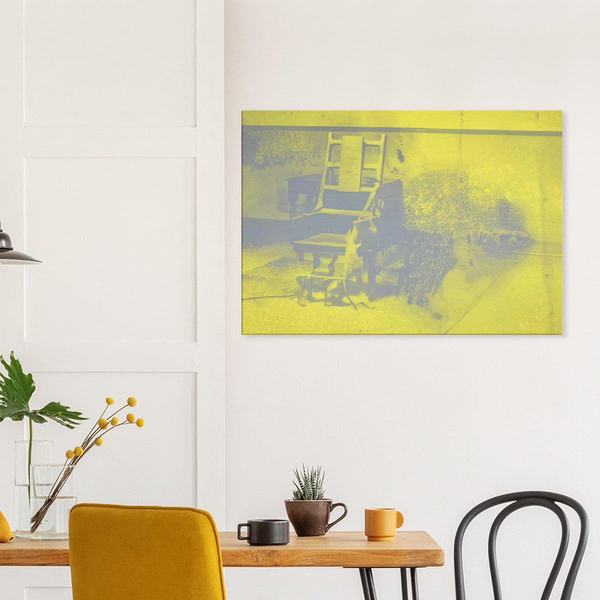 Andy Warhol canvas print depicting the stark chair, its surroundings and the tense emptiness of the room, a detail that connects the composition to its broader artistic subject