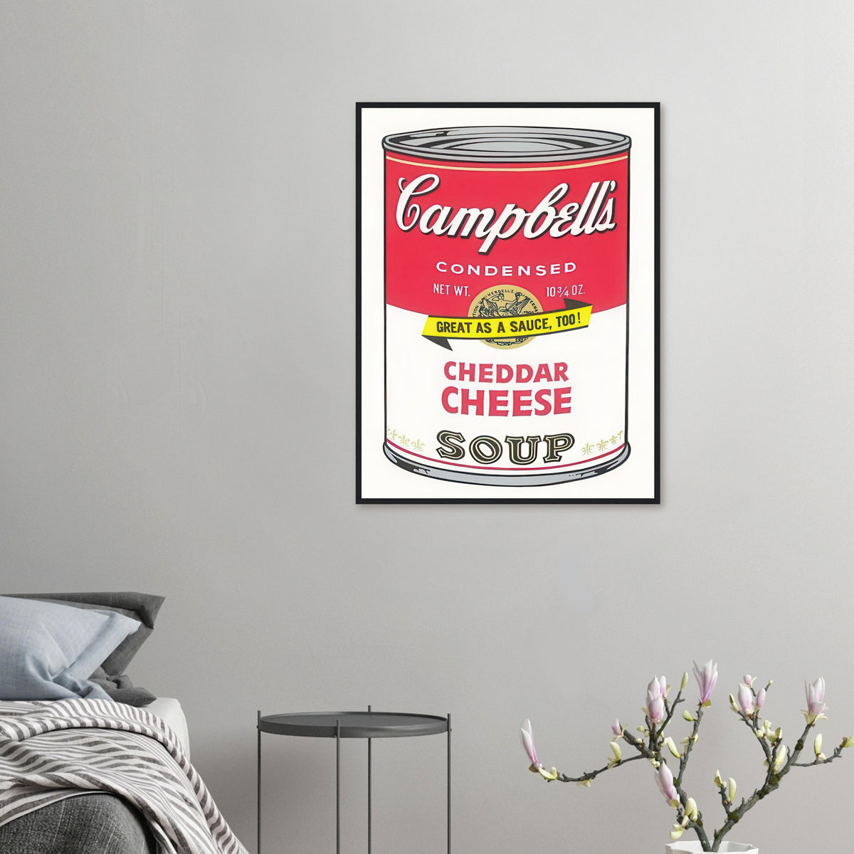 Andy Warhol framed print depicting the instantly legible soup-can silhouette, packaging lettering and product name create a highly recognizable commercial composition