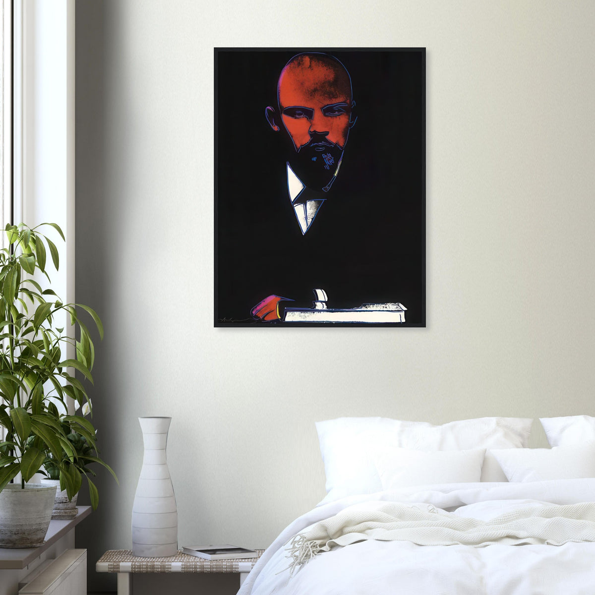 Andy Warhol framed print depicting an assertive face and reduced graphic shapes organize the composition into a memorable political portrait, independent of a traditional painted likeness