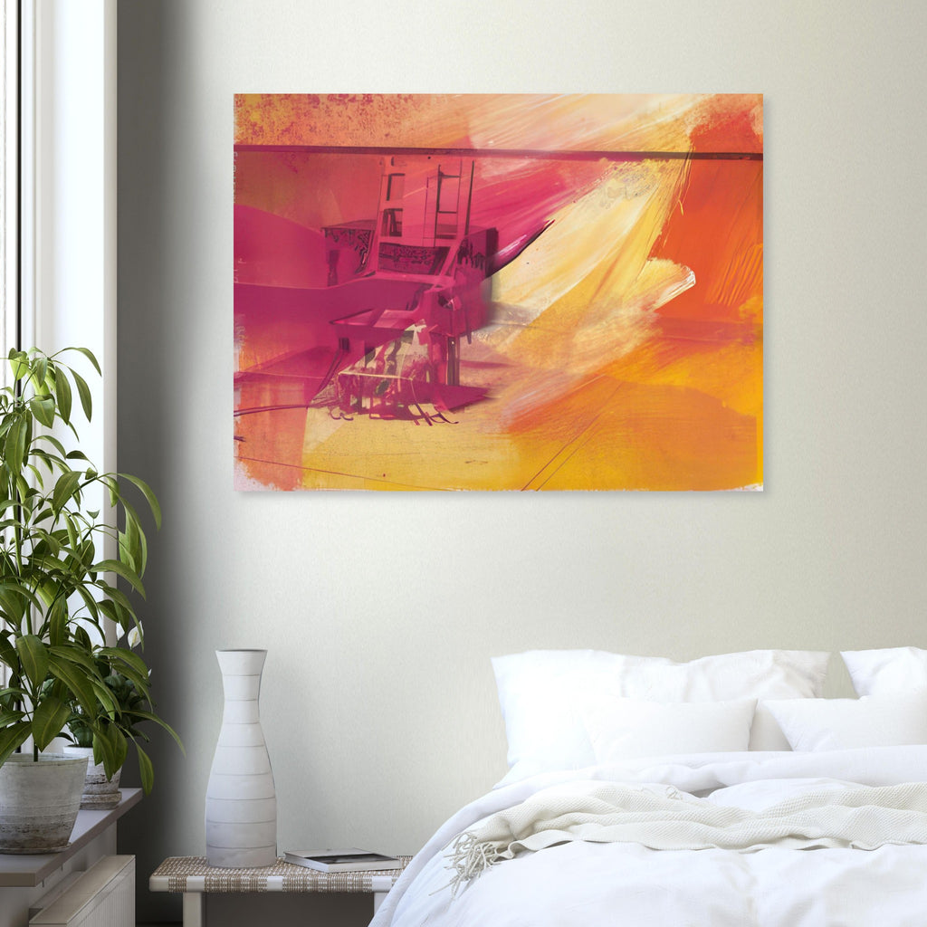 Andy Warhol poster depicting the stark chair, its surroundings and the tense emptiness of the room, a detail that connects the composition to its broader artistic subject