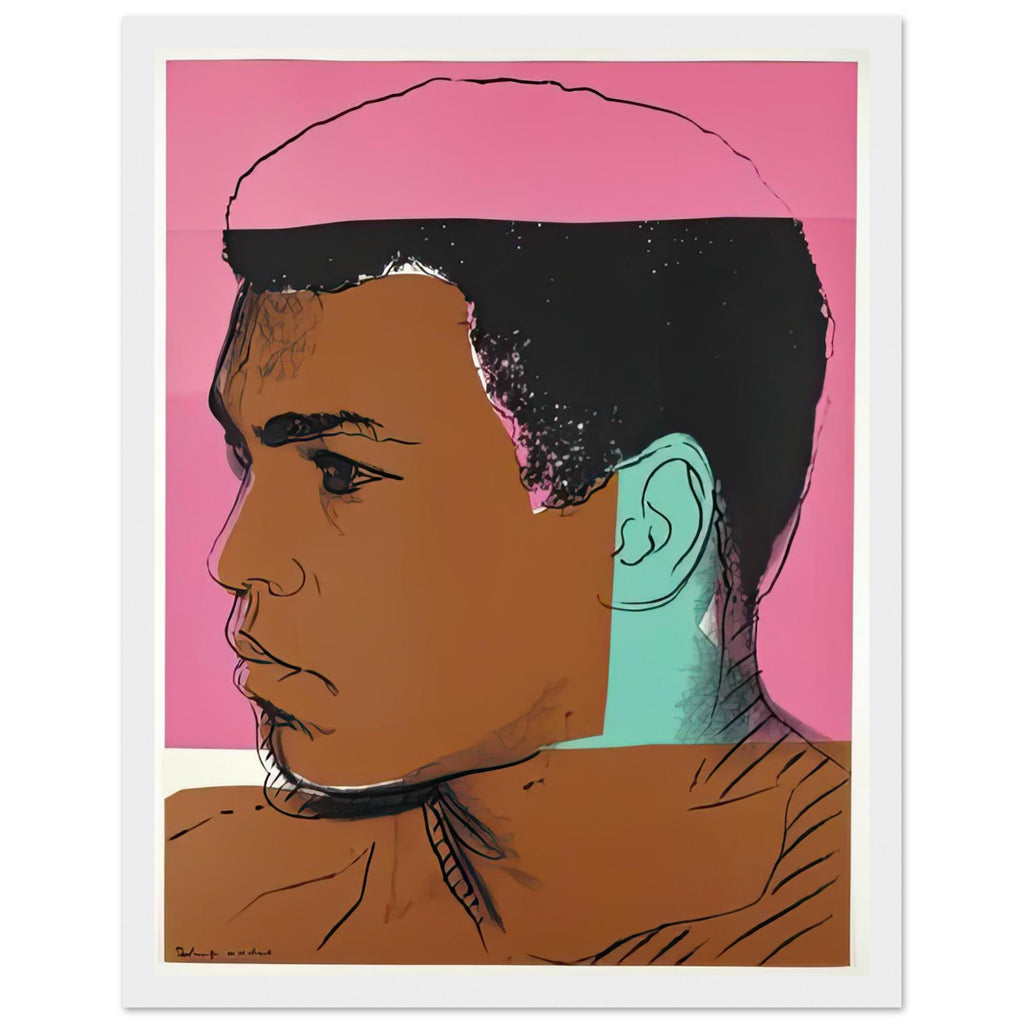 Andy Warhol framed print depicting ali appears in profile against coral-pink colour; Warhol draws the hairline back into a partly obscured photographic silhouette; The Muhammad Ali portfolio was developed from Warhol’s photographs of the celebrated boxer after sports, white frame, 27x35 cm / 11x14″