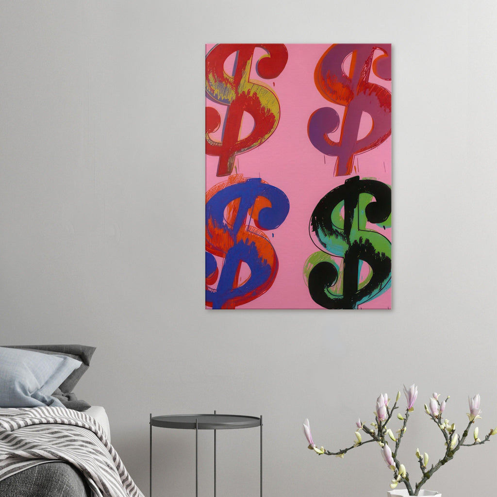 Andy Warhol canvas print depicting the repeated or isolated currency mark operates like a logo: simple, recognizable and assertive
