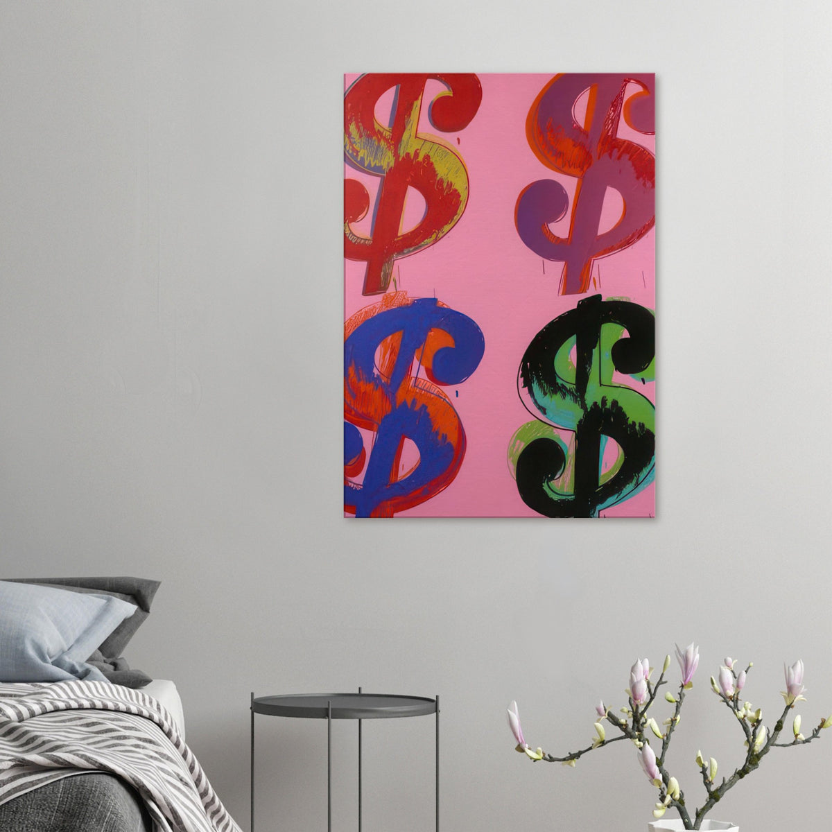 Andy Warhol canvas print depicting the repeated or isolated currency mark operates like a logo: simple, recognizable and assertive