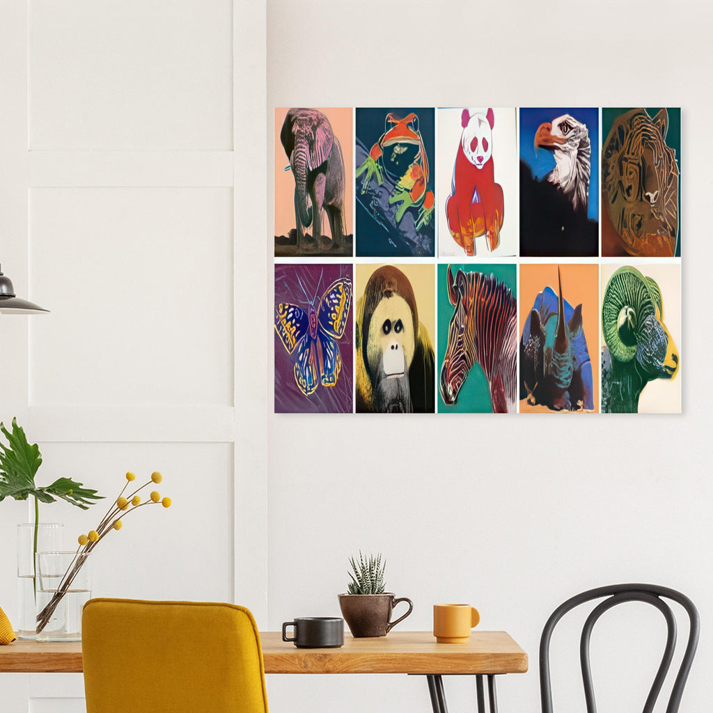 Andy Warhol poster depicting a group of wildlife portraits treated with striking graphic emphasis, a detail that connects the composition to its broader artistic subject