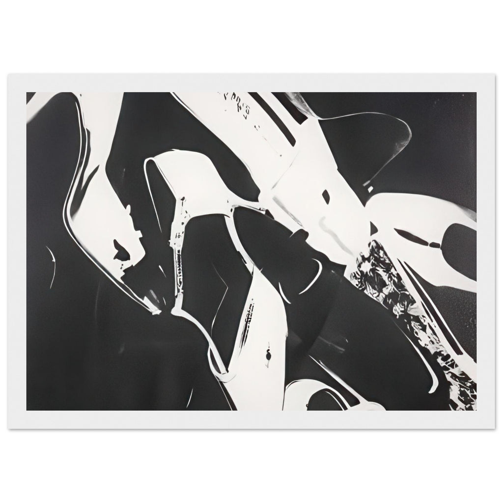 Andy Warhol framed print depicting a lively arrangement of footwear, with overlapping silhouettes and decorative texture, a detail that connects the composition to its broader artistic subject, white frame, 21x29.7 cm / 8x12"