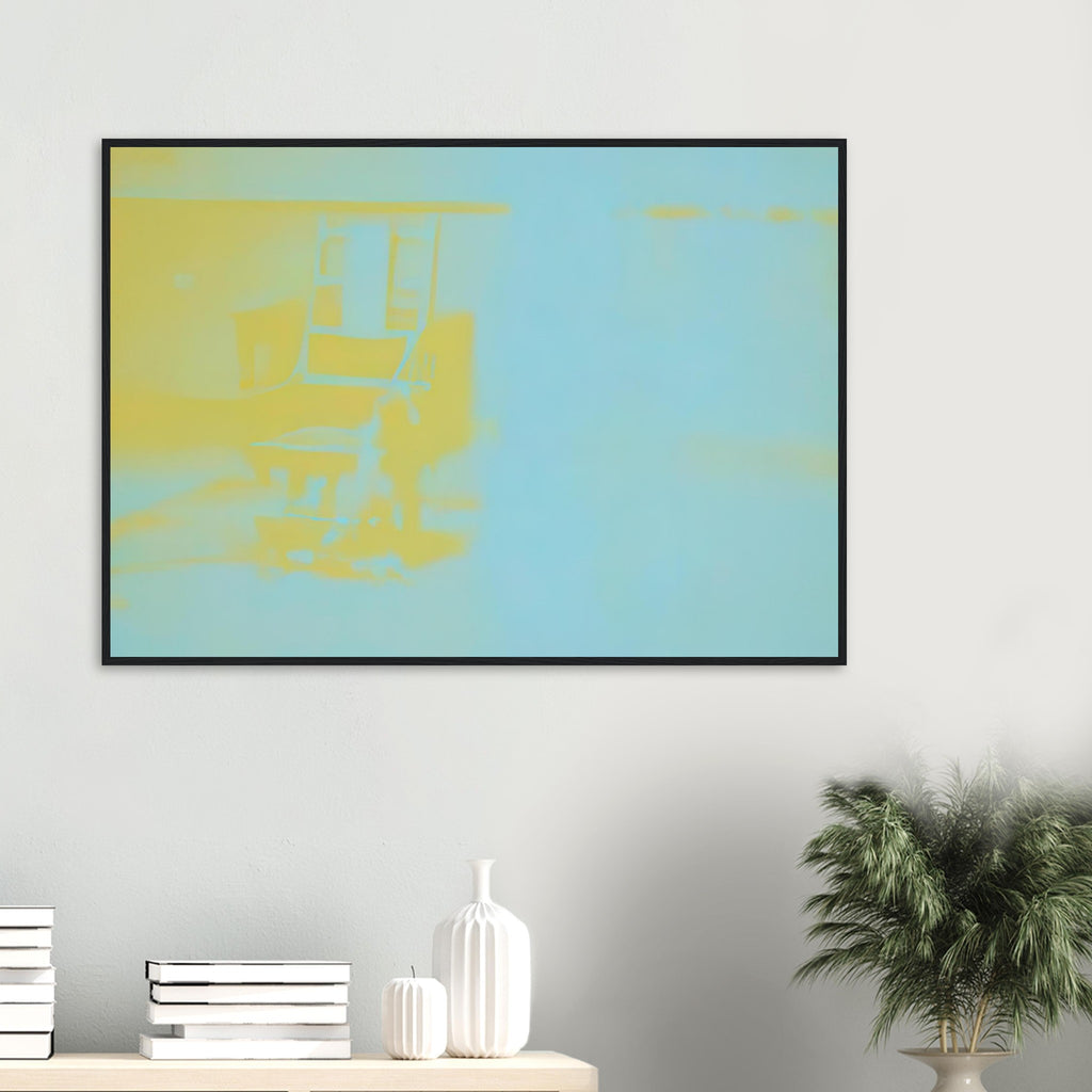 Andy Warhol framed print depicting the stark chair, its surroundings and the tense emptiness of the room, a detail that connects the composition to its broader artistic subject