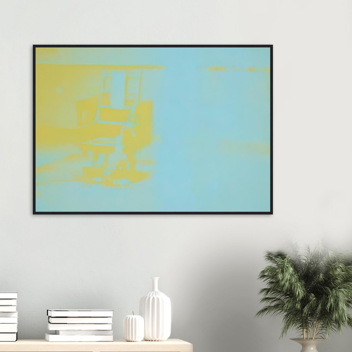 Andy Warhol framed print depicting the stark chair, its surroundings and the tense emptiness of the room, a detail that connects the composition to its broader artistic subject