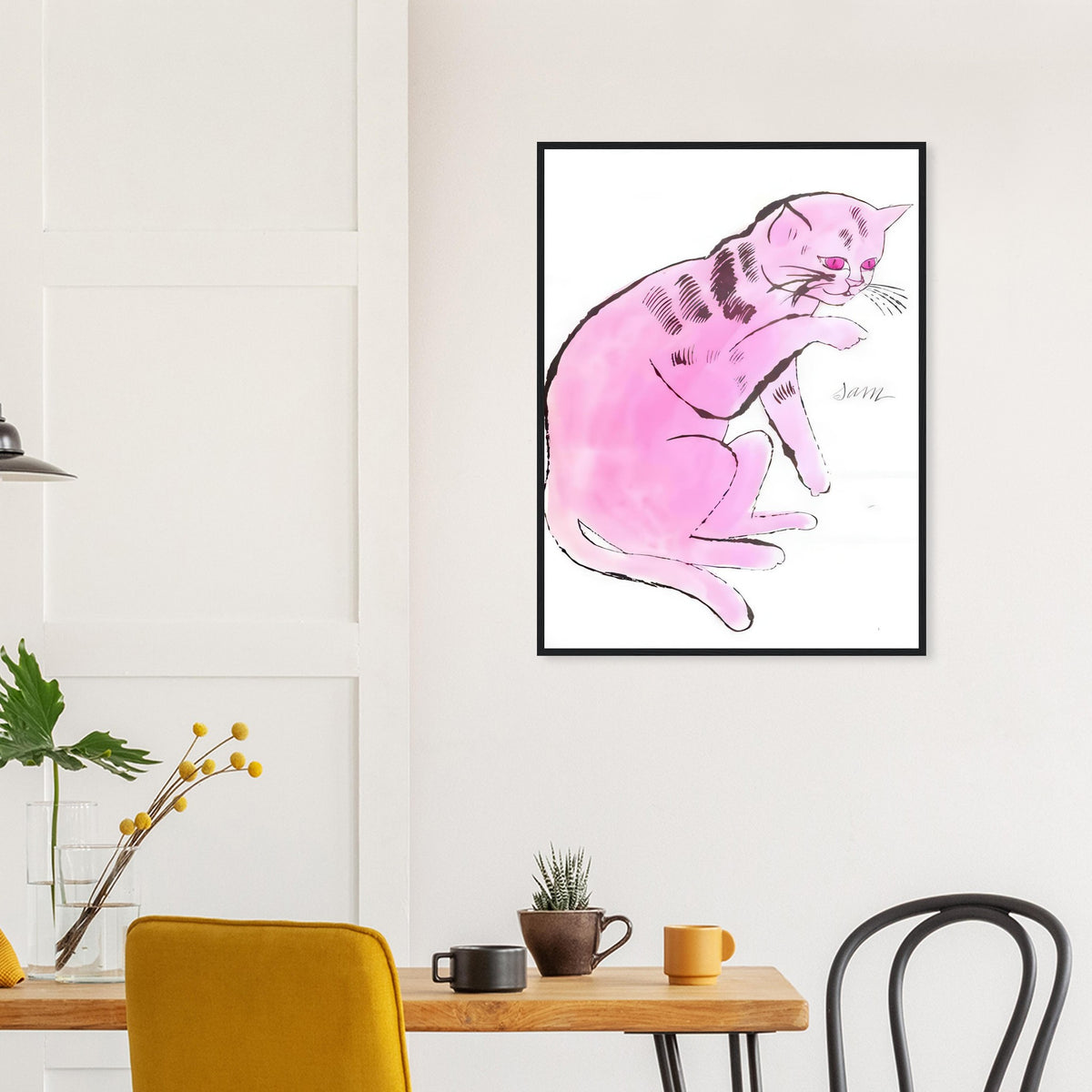 Andy Warhol framed print depicting a spare contour drawing gives the animal its personality, while uncomplicated forms keep the focus on the cat’s outline and pose