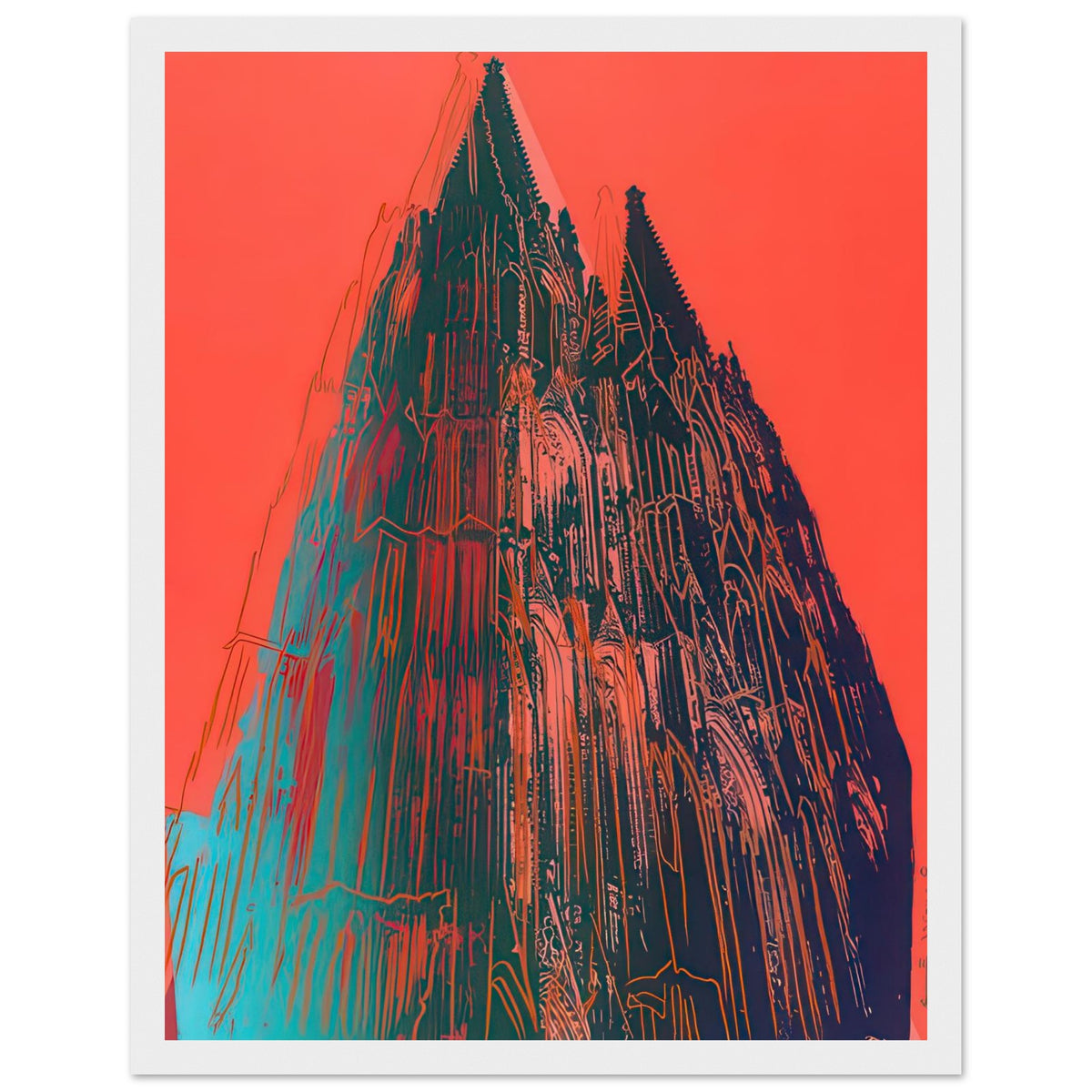 Andy Warhol framed print depicting the cathedral’s soaring spires and intricate façade give the poster a strong vertical architectural structure, providing an unusual counterpart to the artist’s better-known celebrity faces, white frame, 27x35 cm / 11x14″