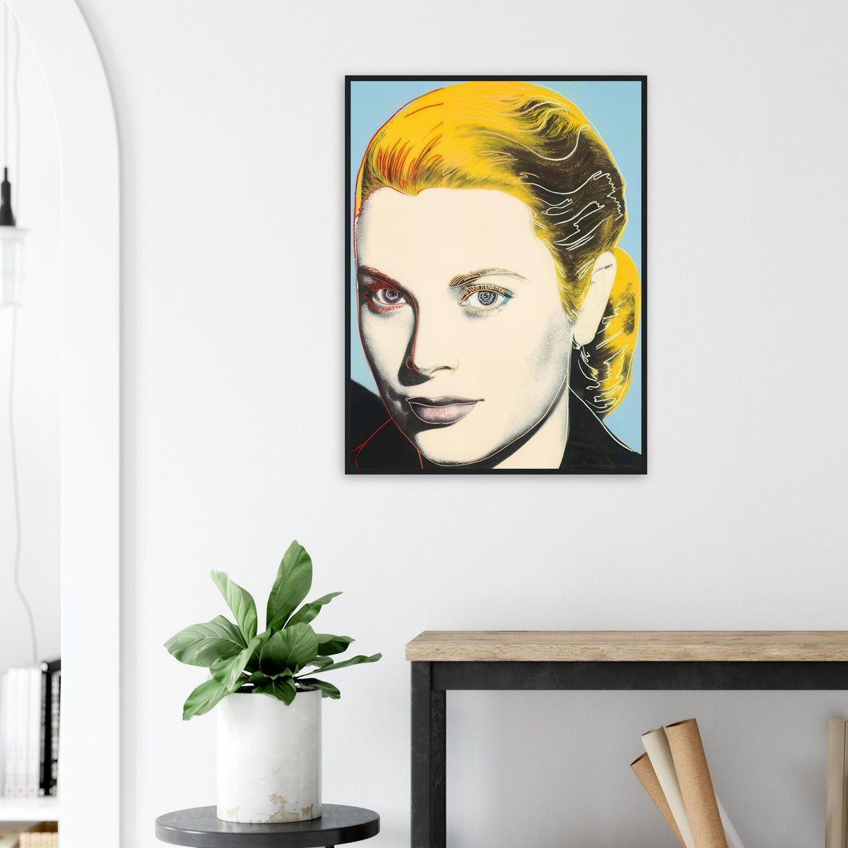 Andy Warhol framed print depicting a closely presented face, defined contours and a strong gaze give the composition a poised and elegant character