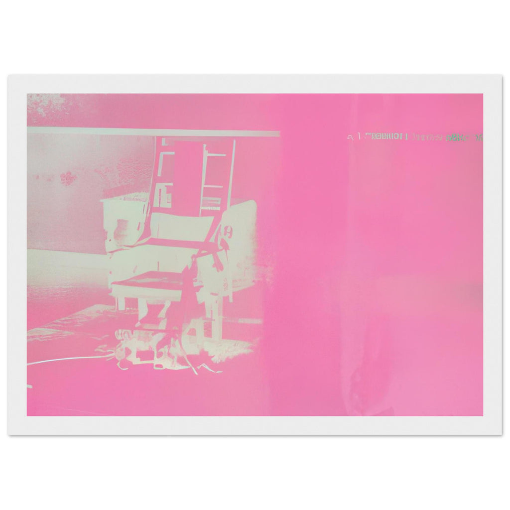 Andy Warhol framed print depicting the stark chair, its surroundings and the tense emptiness of the room, a detail that connects the composition to its broader artistic subject, white frame, 21x29.7 cm / 8x12"