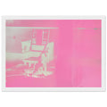 Andy Warhol framed print depicting the stark chair, its surroundings and the tense emptiness of the room, a detail that connects the composition to its broader artistic subject, white frame, 21x29.7 cm / 8x12"