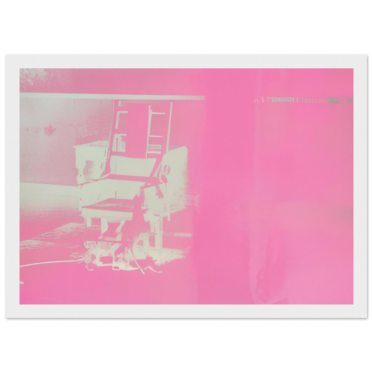Andy Warhol framed print depicting the stark chair, its surroundings and the tense emptiness of the room, a detail that connects the composition to its broader artistic subject, white frame, 21x29.7 cm / 8x12"