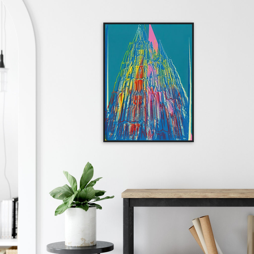Andy Warhol framed print depicting the cathedral’s soaring spires and intricate façade give the poster a strong vertical architectural structure, providing an unusual counterpart to the artist’s better-known celebrity faces