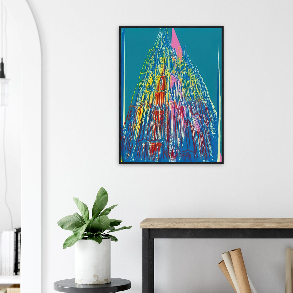 Andy Warhol framed print depicting the cathedral’s soaring spires and intricate façade give the poster a strong vertical architectural structure, providing an unusual counterpart to the artist’s better-known celebrity faces