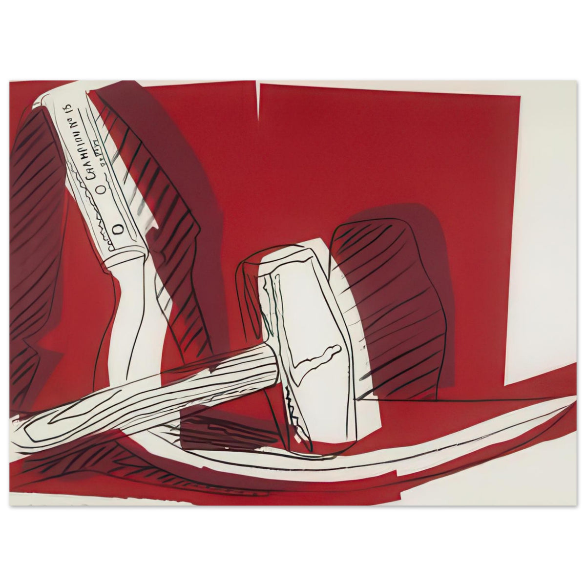 Andy Warhol poster depicting the industrial hammer and curved sickle as emphatic, intersecting shapes, a detail that connects the composition to its broader artistic subject, 30x40 cm / 12x16″