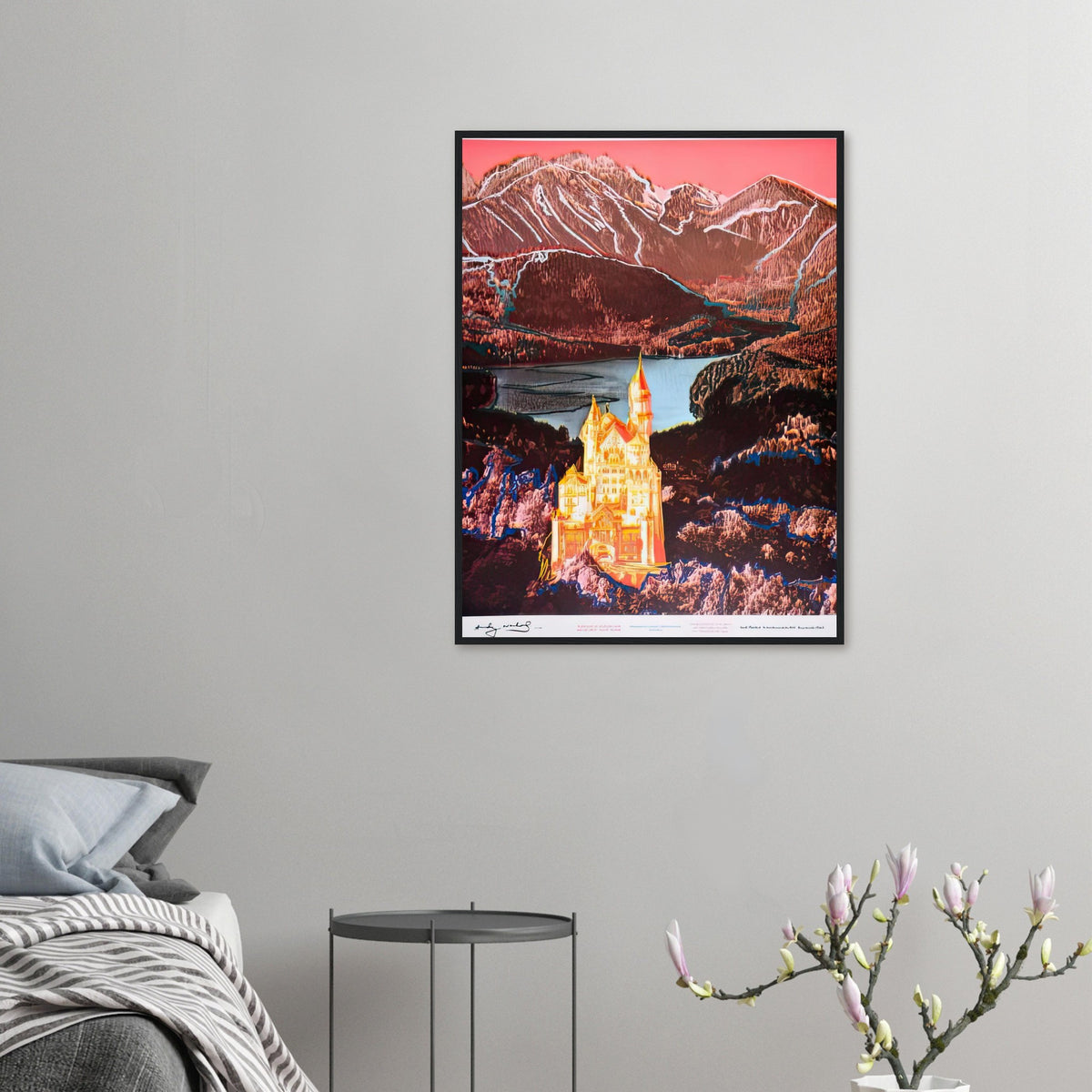 Andy Warhol framed print depicting the alpine castle stands against mountain slopes, a lake and a dramatic sky; Warhol’s image of Neuschwanstein Castle translates a heavily photographed Bavarian landmark into Pop Art