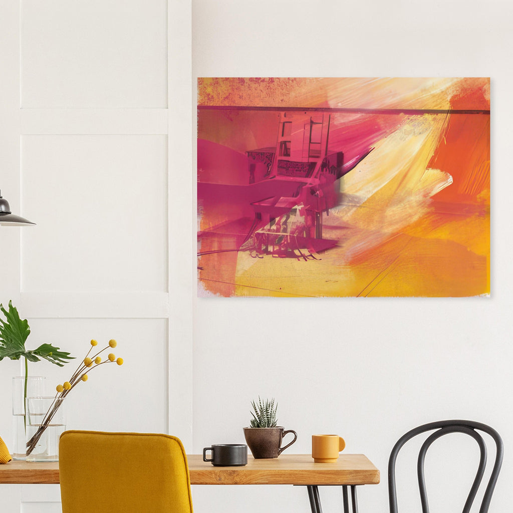 Andy Warhol poster depicting the stark chair, its surroundings and the tense emptiness of the room, a detail that connects the composition to its broader artistic subject
