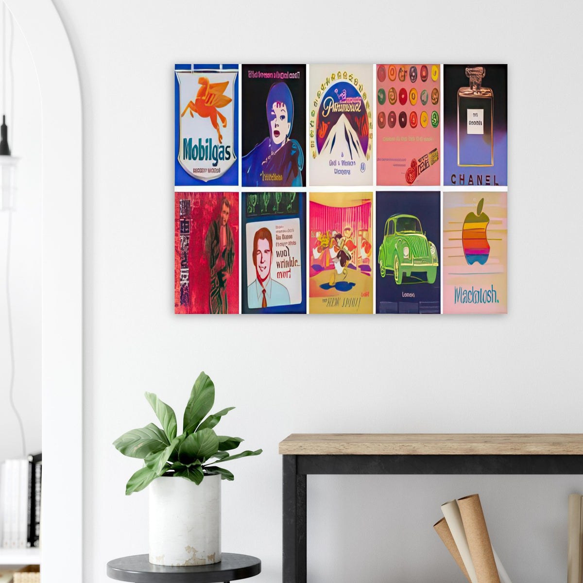 Andy Warhol poster depicting familiar commercial graphics turned into a composed art image, a detail that connects the composition to its broader artistic subject