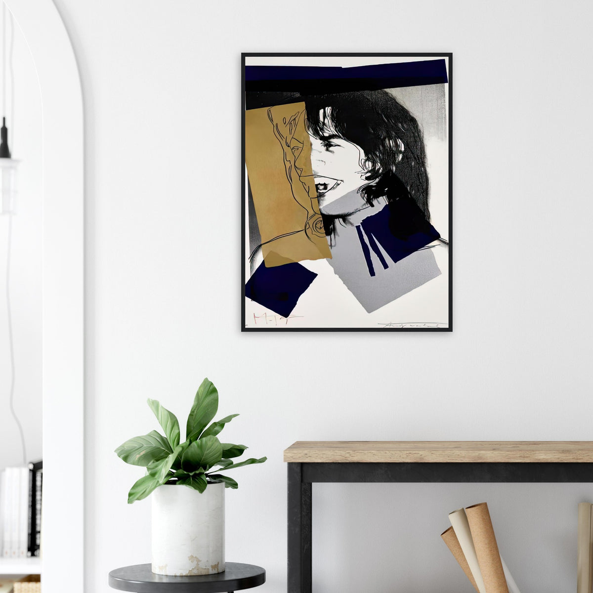 Andy Warhol framed print depicting photographic tones are interrupted by hand-drawn contours, selective colour blocks and cropped facial and bodily details; Warhol’s ten Mick Jagger portraits followed a long friendship with the Rolling Stones singer, including
