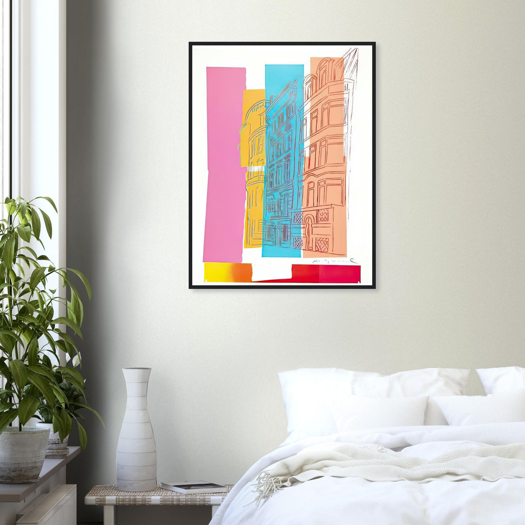 Andy Warhol framed print depicting sketched high-rise buildings are crossed by pink, blue and orange colour fields in a collage-like street scene; Viewpoint belongs to Warhol’s later experiments with drawing and unconventional subjects