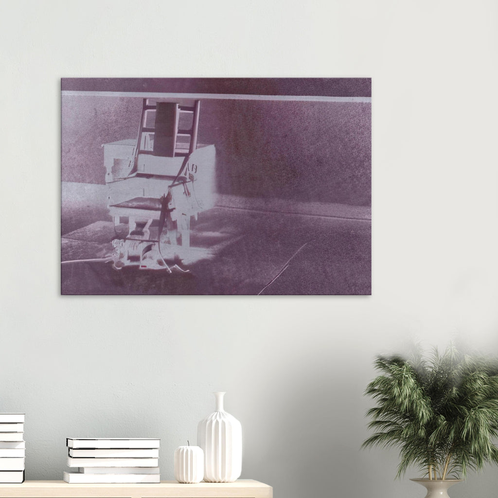 Andy Warhol canvas print depicting the stark chair, its surroundings and the tense emptiness of the room, a detail that connects the composition to its broader artistic subject