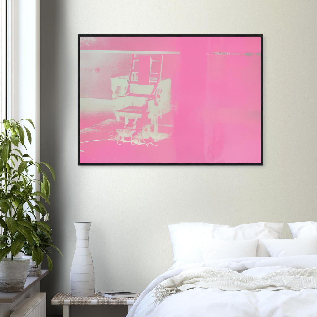 Andy Warhol framed print depicting the stark chair, its surroundings and the tense emptiness of the room, a detail that connects the composition to its broader artistic subject