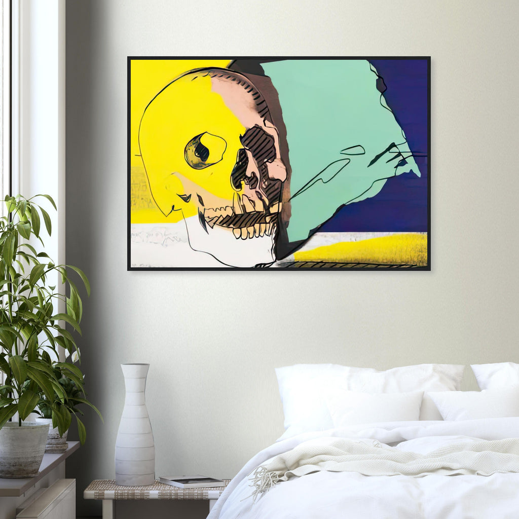 Andy Warhol framed print depicting the contours and shadow of a skull used as a direct, confronting focal point, a detail that connects the composition to its broader artistic subject