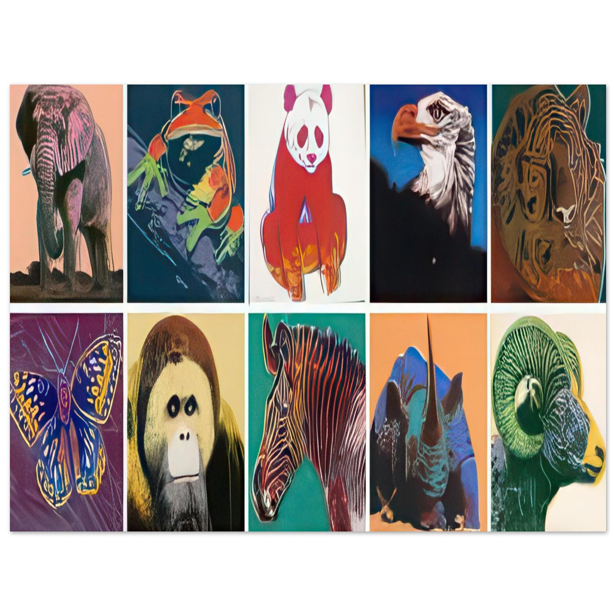Andy Warhol poster depicting a group of wildlife portraits treated with striking graphic emphasis, a detail that connects the composition to its broader artistic subject, 30x40 cm / 12x16″