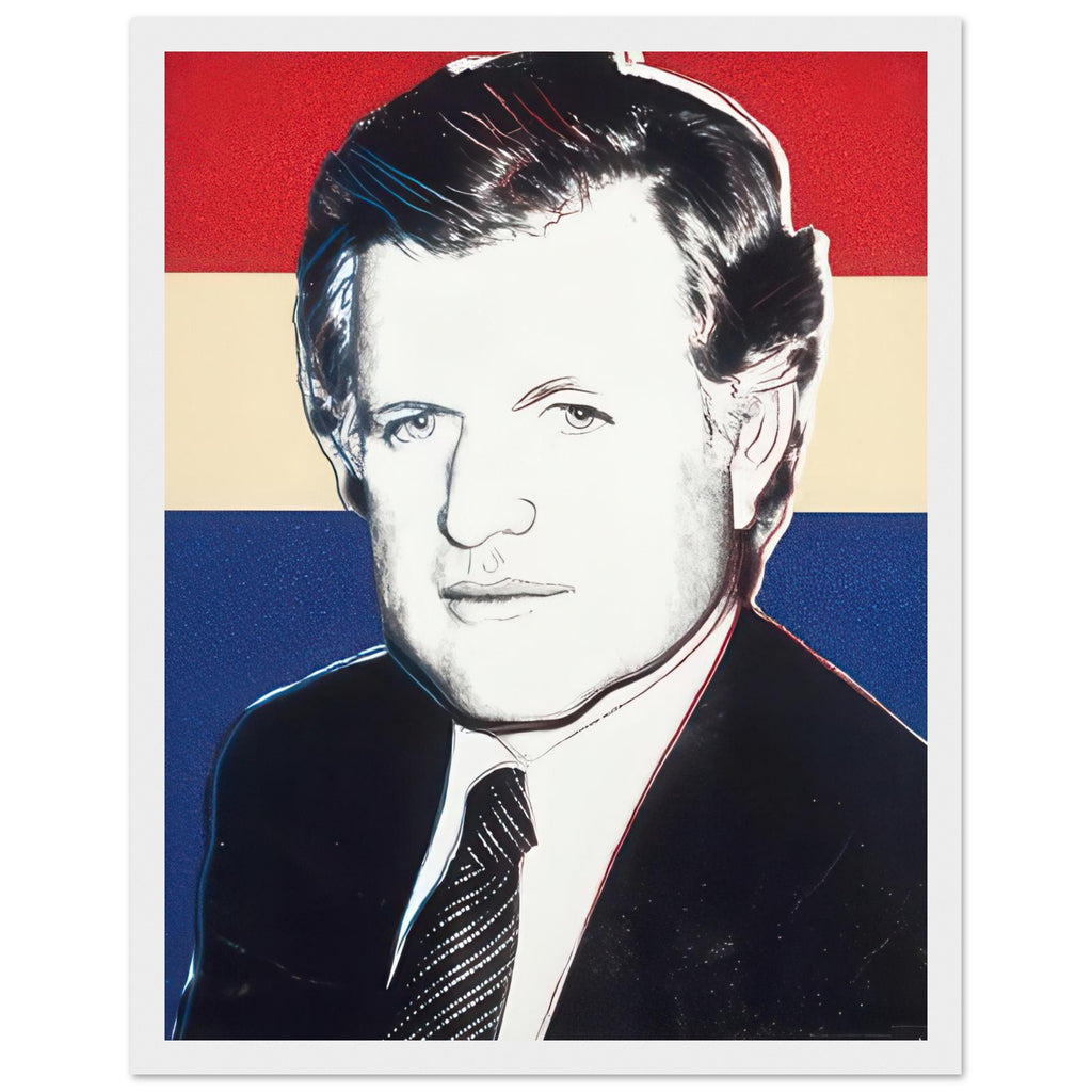 Andy Warhol framed print depicting the sitter’s recognizable face directs attention toward public image, personality and the graphic simplification of photographic portraiture, white frame, 27x35 cm / 11x14″