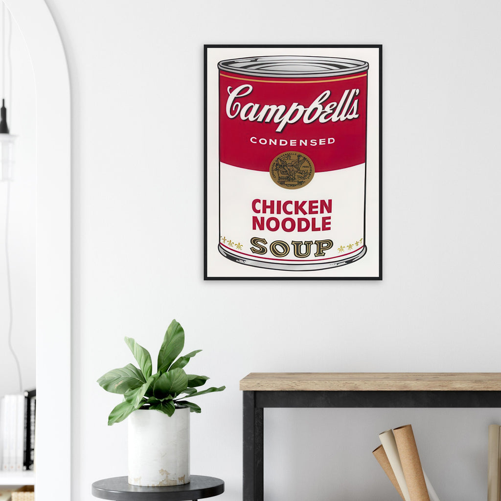 Andy Warhol framed print depicting the instantly legible soup-can silhouette, packaging lettering and product name create a highly recognizable commercial composition