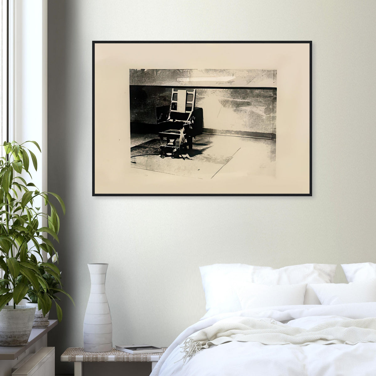 Andy Warhol framed print depicting the stark chair, its surroundings and the tense emptiness of the room, a detail that connects the composition to its broader artistic subject