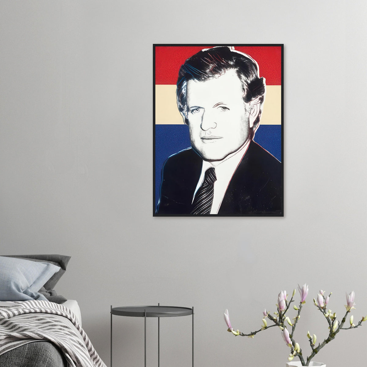 Andy Warhol framed print depicting the sitter’s recognizable face directs attention toward public image, personality and the graphic simplification of photographic portraiture