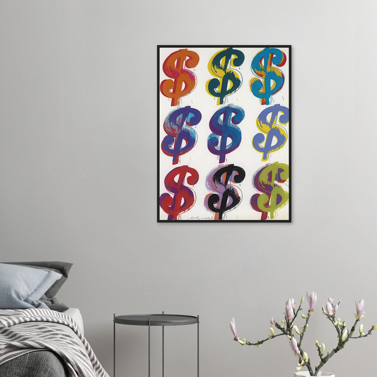 Andy Warhol framed print depicting the repeated or isolated currency mark operates like a logo: simple, recognizable and assertive