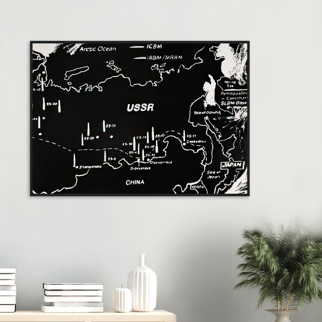 Andy Warhol framed print depicting cartographic outlines and strategic map markings, a detail that connects the composition to its broader artistic subject