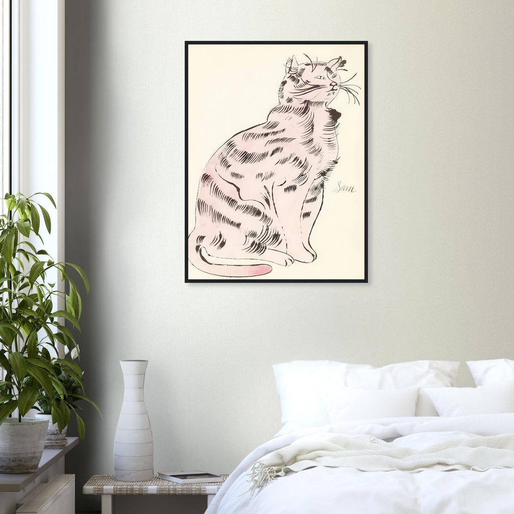 Andy Warhol framed print depicting a spare contour drawing gives the animal its personality, while uncomplicated forms keep the focus on the cat’s outline and pose