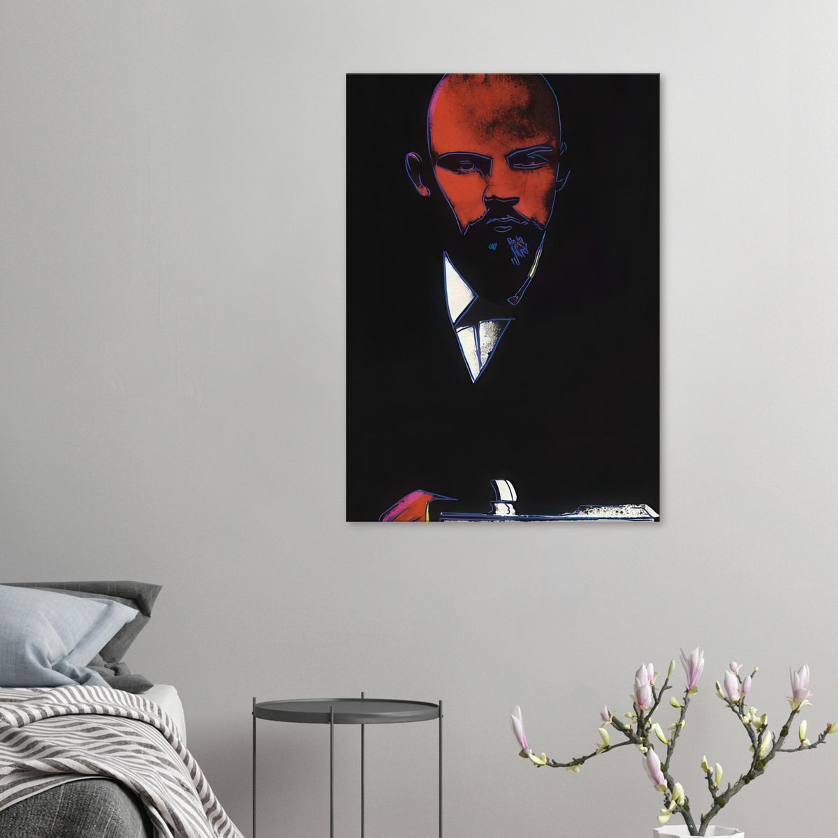 Andy Warhol canvas print depicting an assertive face and reduced graphic shapes organize the composition into a memorable political portrait, independent of a traditional painted likeness