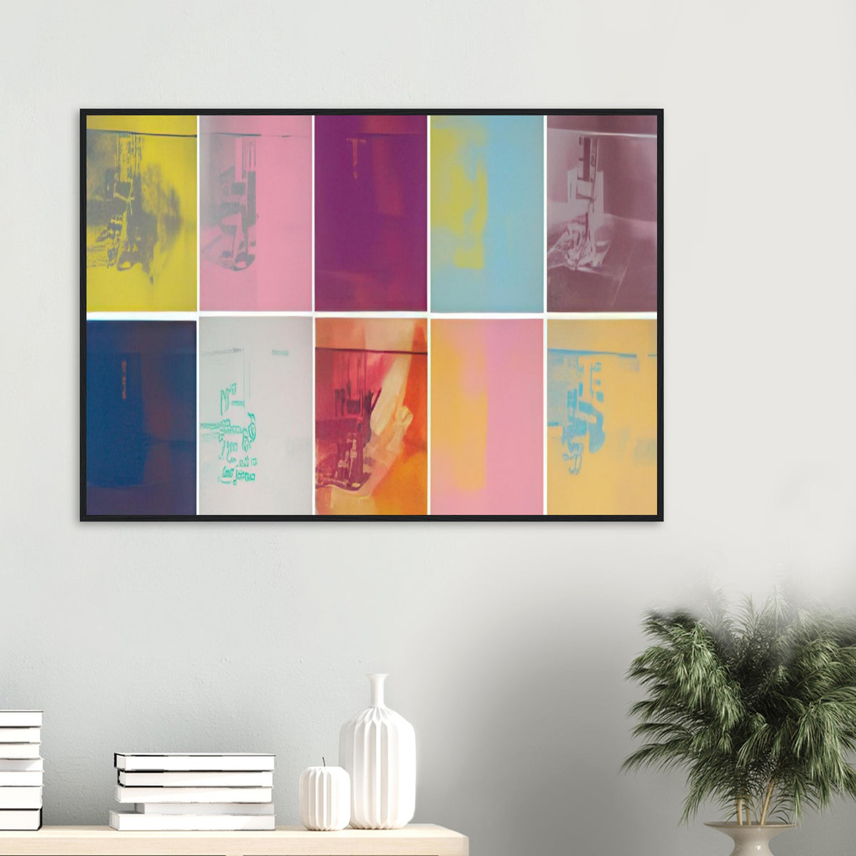 Andy Warhol framed print depicting the stark chair, its surroundings and the tense emptiness of the room, a detail that connects the composition to its broader artistic subject
