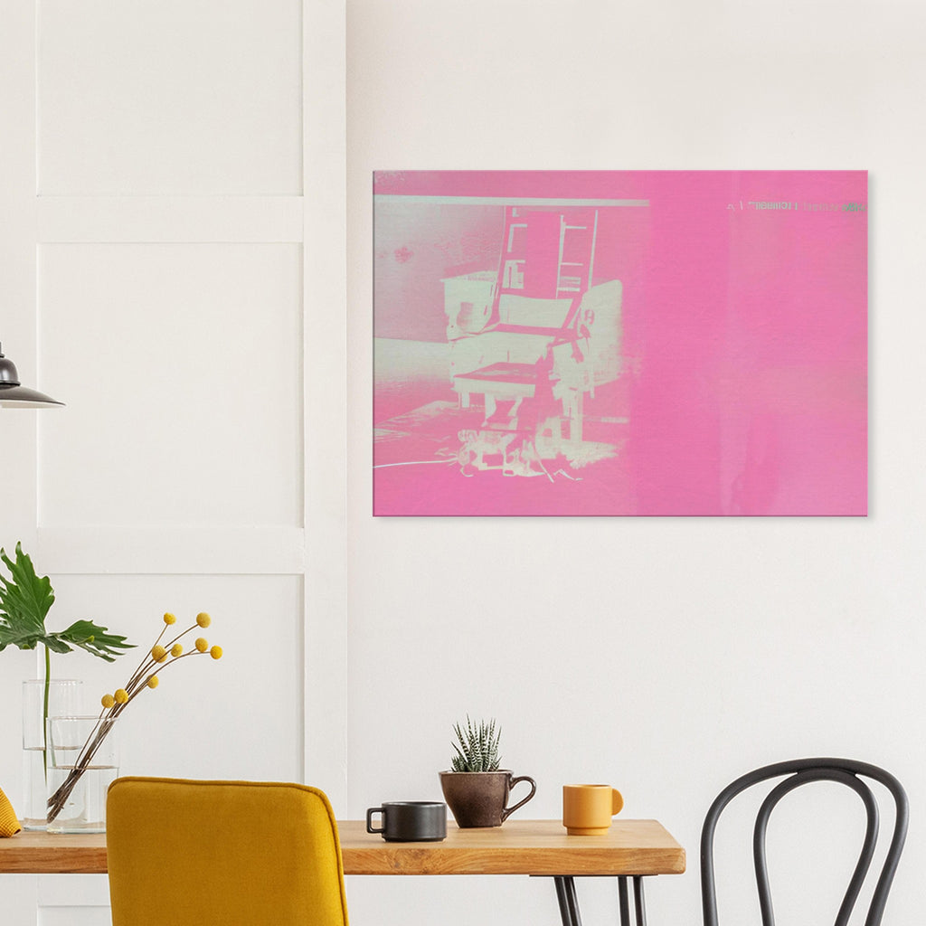 Andy Warhol canvas print depicting the stark chair, its surroundings and the tense emptiness of the room, a detail that connects the composition to its broader artistic subject